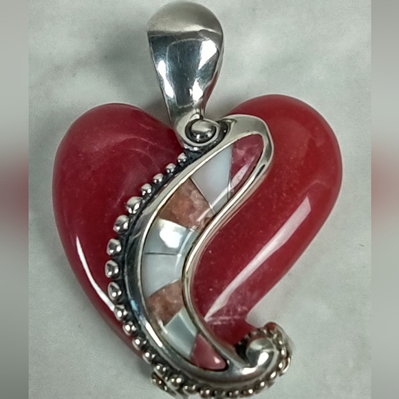 Carolyn Pollack Sterling Silver/Rhodonite Heart Enhancer Pendant - Picture 3 of 13